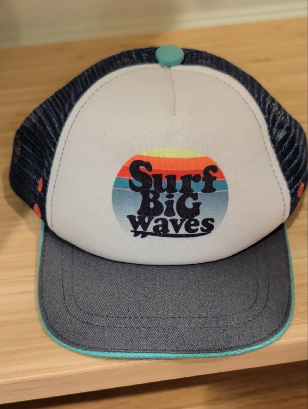 Surf Big Waves Kids Trucker Hat - Navy, White & Teal